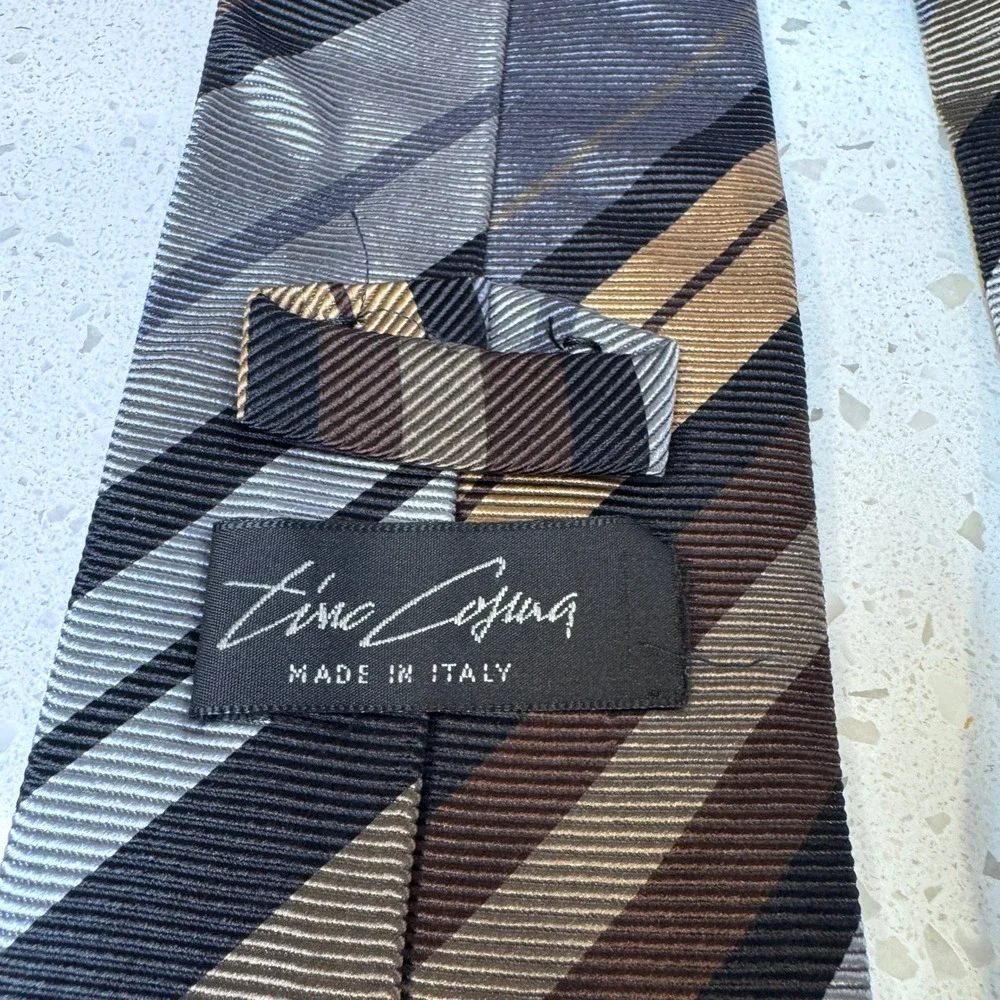 Tino Cosma Silk Necktie Mens Black Grey Bronze Striped Made in Italy Tie